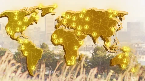 Golden globe map appearing triggers pulsing nodes, drifting sparks and tracing Stock Footage 334743769