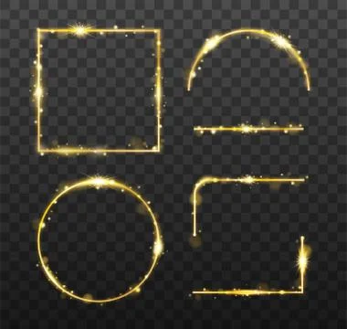 Golden glowing frames and elements with shiny sparks. Decorative element for Stock Illustration