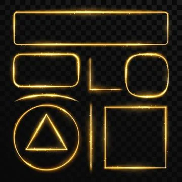 Golden glowing frames with light glittering effect and sparks vector set Illustrazione stock