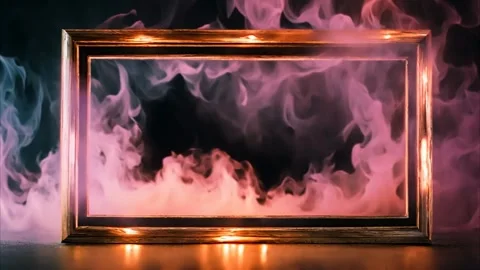 A golden glowing horizontal, rectangular frame with slowly moving dry ice s.. Stock Footage 273954679