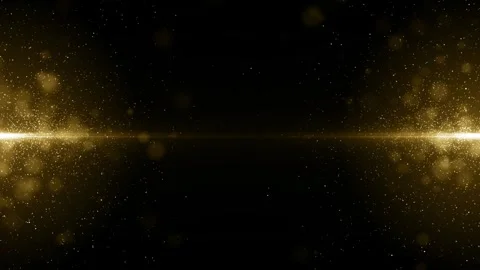 Golden glowing particles floating along a horizontal beam in a dark abstract Vídeo Stock 344714680