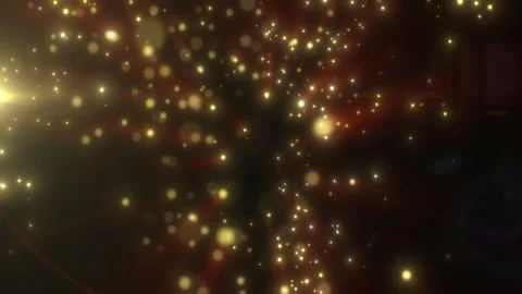 Golden glowing particles floating in dark space with warm red tones, soft b.. Stockillustratie