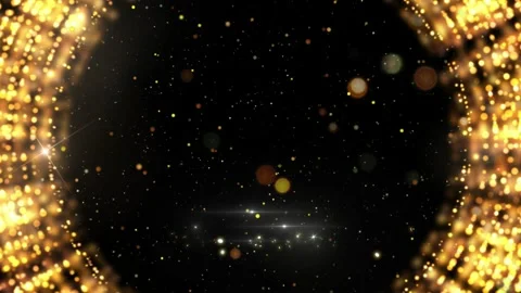 Golden glowing particles swirling around dark circular tunnel backdrop motion Vídeos de archivo 343813633