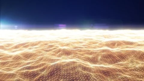 Golden glowing wireframe waves and polygon mesh surface under dark sky, abs.. 스톡 일러스트