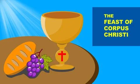 Golden goblet on table and bold text commemorating CORPUS CHRISTI Illustrazione stock