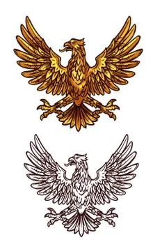 Golden gothic eagle, vector heraldic sketch icon Stock Illustration