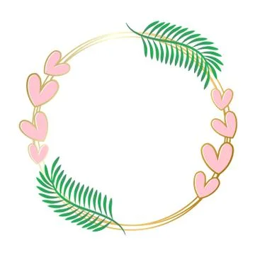 Golden gradient frame border with love heart and green branch on white for de Stock Illustration
