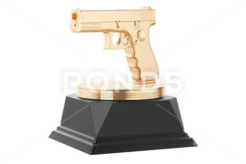 Golden Gun Award Trophy Pedestal. 3d Rendering: Graphic #246509549