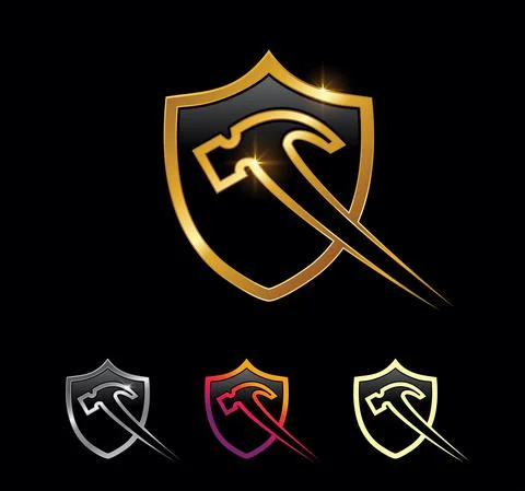 Golden Hammer and Shield Vector Sign Stock Illustration