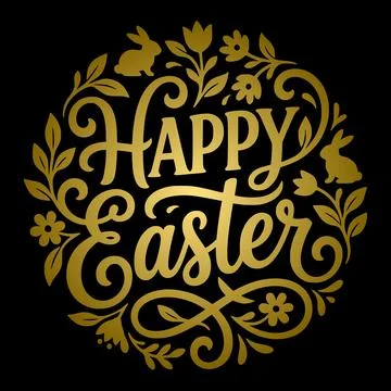 Golden Happy Easter Calligraphy Design with Floral Wreath for Easter Campaign Stock Illustration
