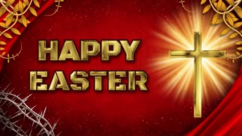 Golden Happy Easter message shines brightly beside a glowing cross on red Stock Footage 331129555