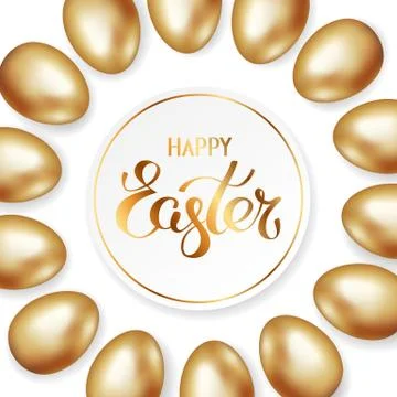 Golden Happy Easter in round frame with a border of gold and white easter eggs Stock Illustration