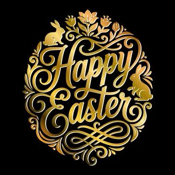Golden Happy Easter Typography with Bunny and Floral Frame for Easter Campa.. Stock Illustration