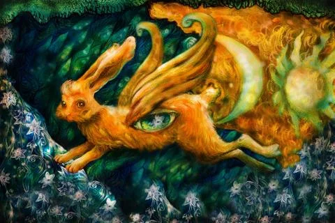 Golden hare flying in enchanted realm, painting Stock Illustration