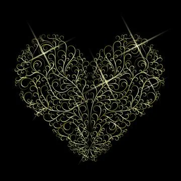 Golden heart with an openwork pattern. Gold gradient. Black background. イラスト素材