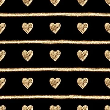 Golden hearts seamless pattern on black background Stock Illustration