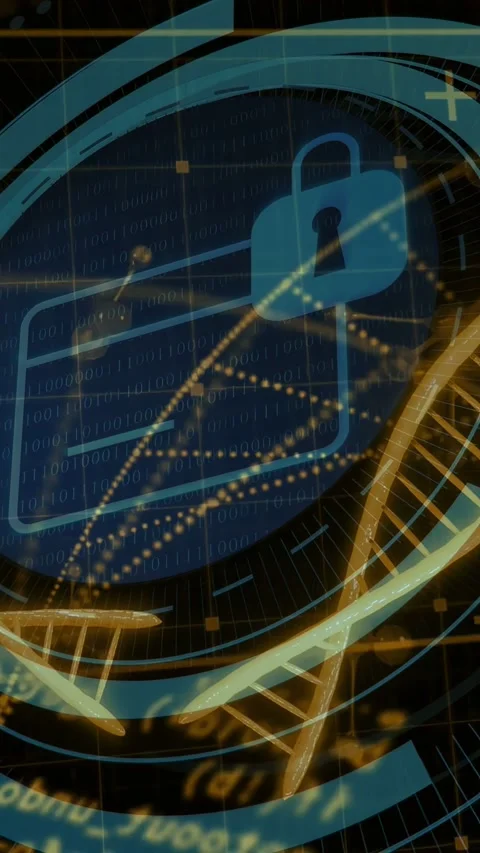 Golden helix rotating, tech HUD framing it on scan, folder padlock tracing, Stock Footage 332775392