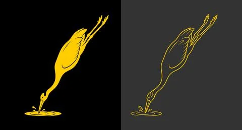 Golden heron bird feeding in solid and outline styles with wading bird Stock Illustration