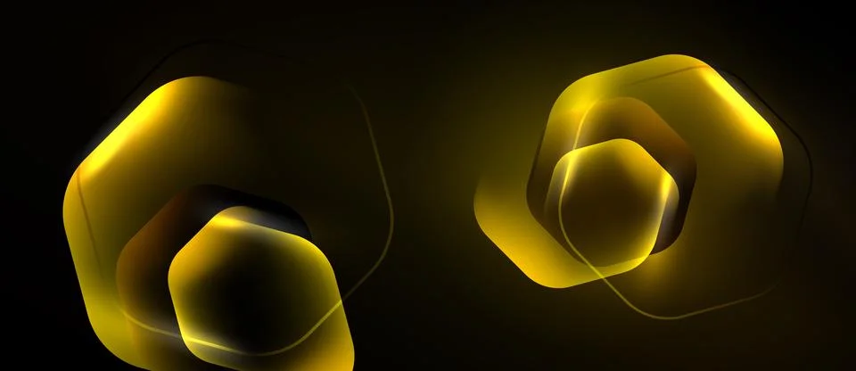 Golden hexagonal shapes overlap, creating luminous effect. Dark background Stockillustratie