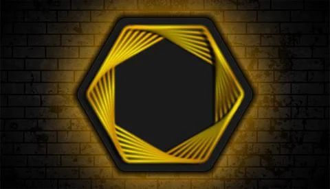 Golden hexagons on black brick wall with luminous neon lights Stock Illustration