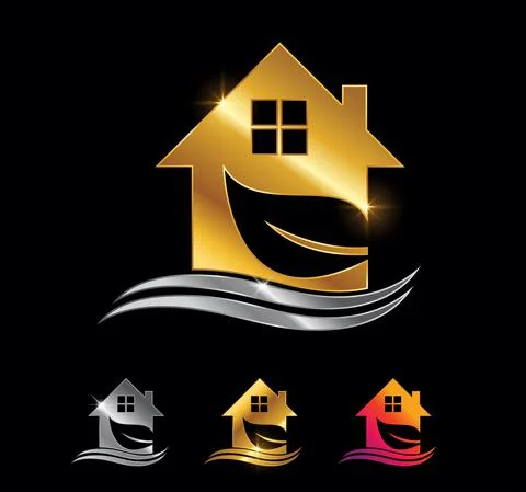 Golden Home and Leaf Sign Stock Illustration