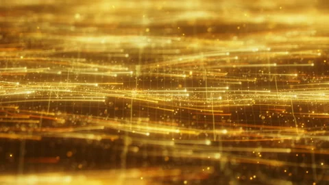 Golden Horizontal Data Waves Flow Across A Futuristic Network Plane. Stock Footage 338187644