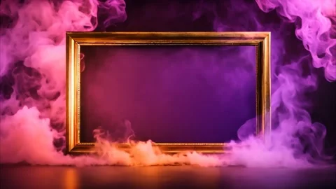 A golden horizontal, rectangular frame with slowly moving colorful dry ice .. Vídeos de archivo 273953104