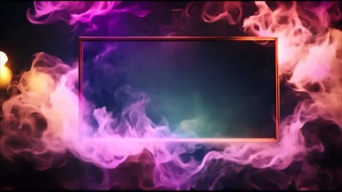 A golden horizontal, rectangular frame with slowly moving colorful dry ice .. Stock Footage 273954732