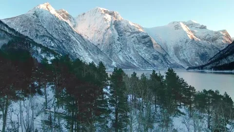 Golden Hour at Alpine Mountain Range of Goksoyra in Eresfjord, Norway,  Aerial Stock Footage 315503960