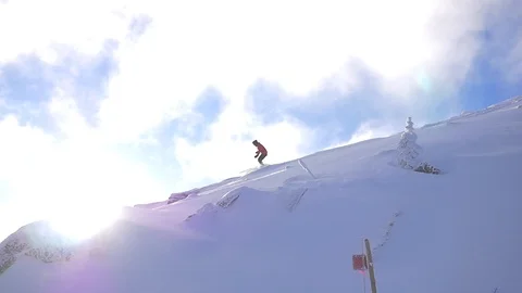 Golden Hour Downhill Skier Shredding Powder Stock Footage