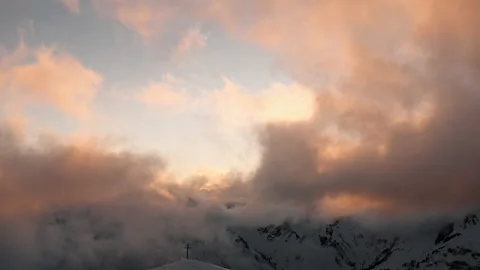 Golden Hour Dramatic Aerial Drone Mountain Peak Summit Cross Sunset Alps Stock Footage 169892487