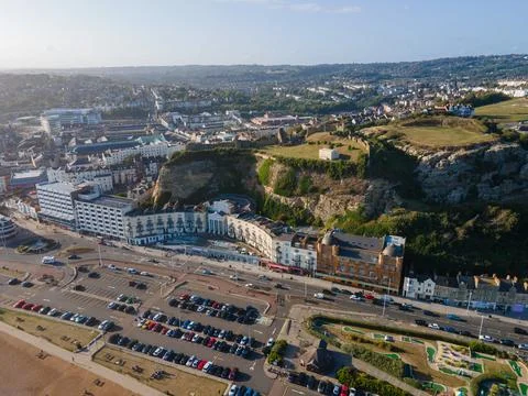 Golden Hour Drone image of Hastings Castle and the Pelham Arcade Stock Photos