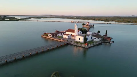 Golden Hour Drone Orbit Around Porto Lagos Monastery Greece Stock Footage 340254150