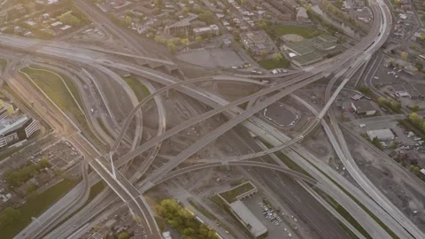 Golden Hour Flyover of Turcot Interchange Highway Spaghetti Stock Footage 345268986