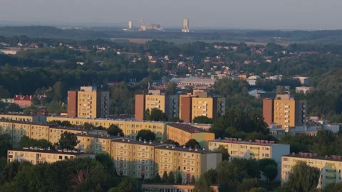 Golden hour light on post-soviet block buildings Vidéo 348156088