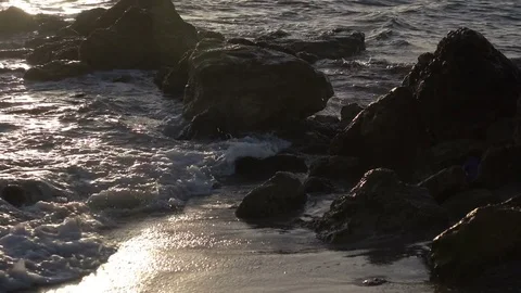 Golden Hour Light Reflecting on Surface of Waves Crashing on Rocks Stock Footage 78211772