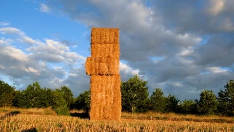 The golden hour light on a stack of straw in a field after the harvest farm.. Stock Footage 314829130