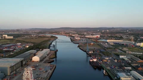 Golden Hour River Tees Middlesbrough Transporter Bridge Stock Footage 221795936