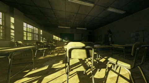 Golden hour silence in classroom. An empty room bathed in warm sunlight Stock Footage 340660263