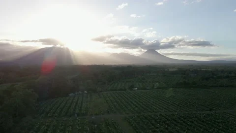 Golden hour sun rays shine through mountain peak onto agriculture field, Stock Footage 169023976