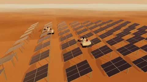 Golden-hour sunlight casting long shadows across rows of solar panels in the 스톡 동영상 340329314
