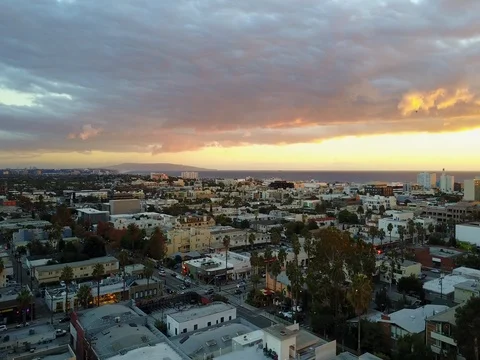 Golden hour sunset drone birds clouds pan Stock Footage