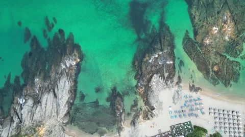 Golden Hour Top Down Drone Flight Along Rocky Coastline of Sarti Greece Stock Footage 340215981