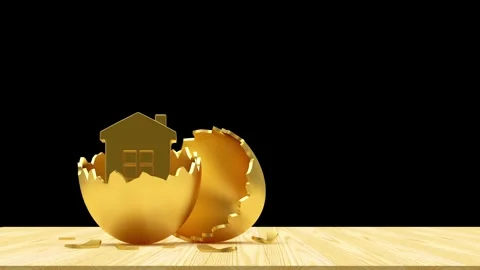 A golden house in a cracked eggshell on black. 3D animation Stock Footage 336566764