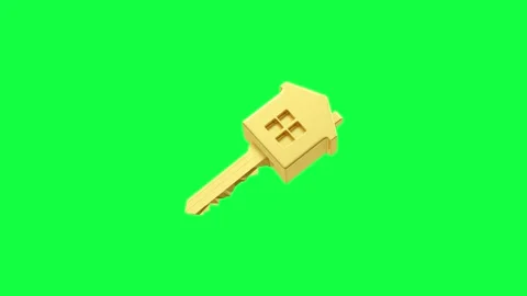 Golden house-shaped key rotating on green chromatic background, 3D animation. Stock Footage 334075275
