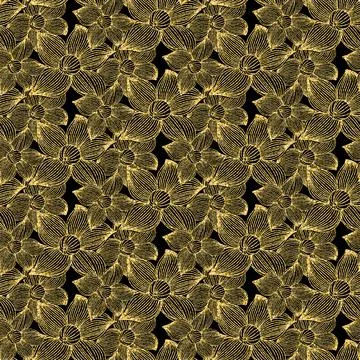 Golden huge flower, seamless pattern black golden shimmer shiny background Stock Illustration