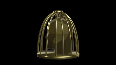A golden human head placed in a cage made of gold - seamless loop 3d animation Stock Footage 298999860