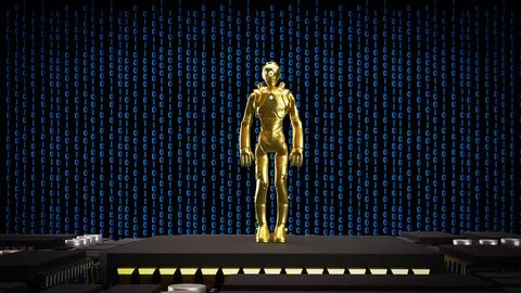 Golden Humanoid Robot On Digital Data Stage 3d render. 스톡 일러스트