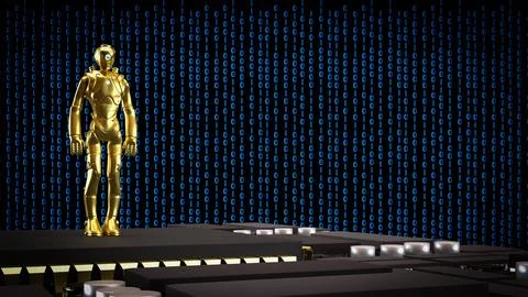 Golden Humanoid Robot On Digital Data Stage 3d render. イラスト素材