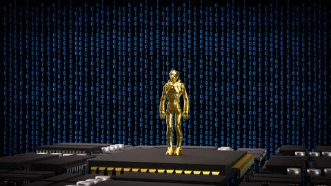 Golden Humanoid Robot On Digital Data Stage 3d render. 스톡 일러스트